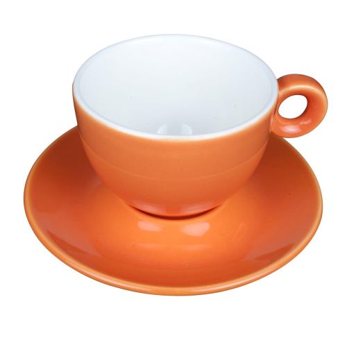 Bedrukken van een oranje cappuccinokop en schotel Bola